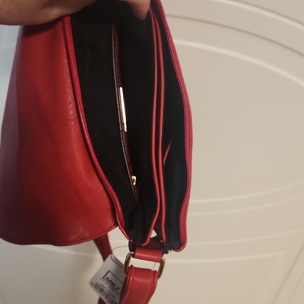 Red Crossbody Shoulder Bag with Gold Accents - Picture 4 of 6
